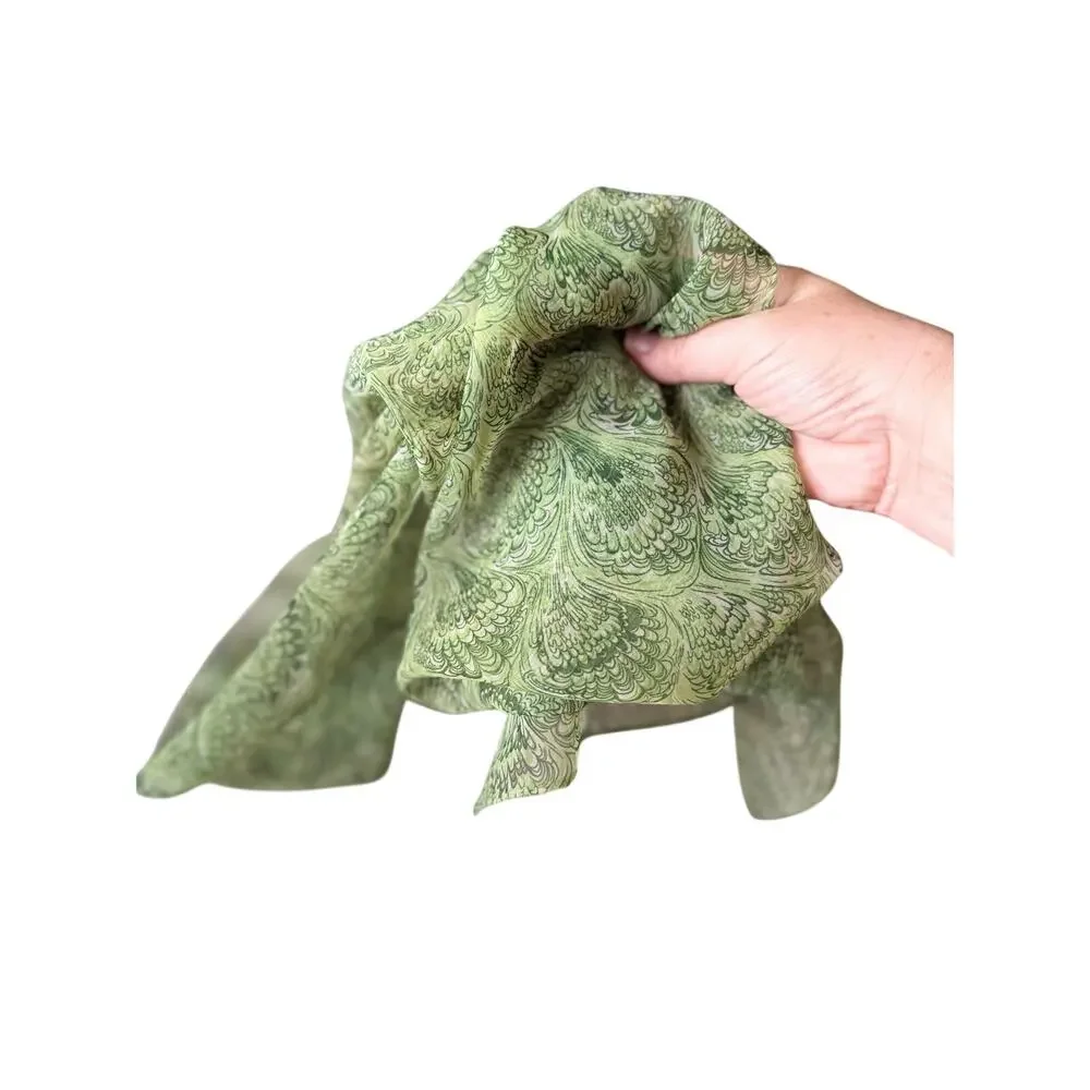 Sheer green vintage square scarf shells scrolls chiffon retro
